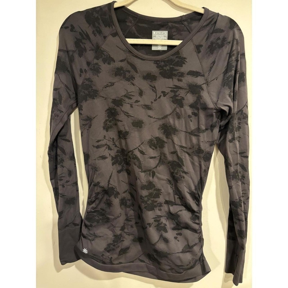 Athleta Floral Ruched Seamless Long Sleeve Top Gray S 486853